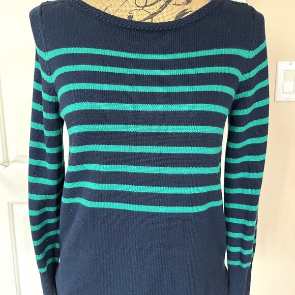 Ann Taylor Loft Sweater Navy Blue Green Striped Long Sleeve Size Medium - Picture 1 of 7